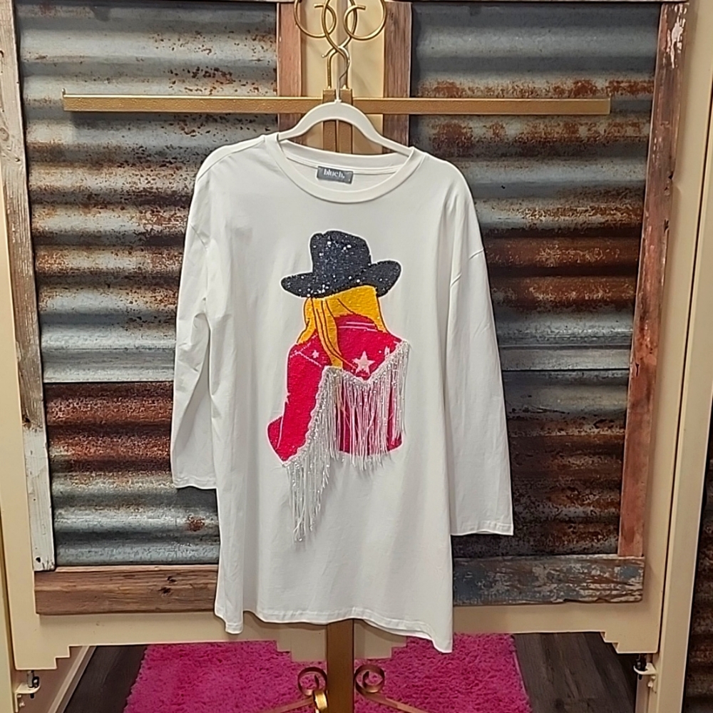 White Blueb T-shirt Dress, Sequin Cowgirl